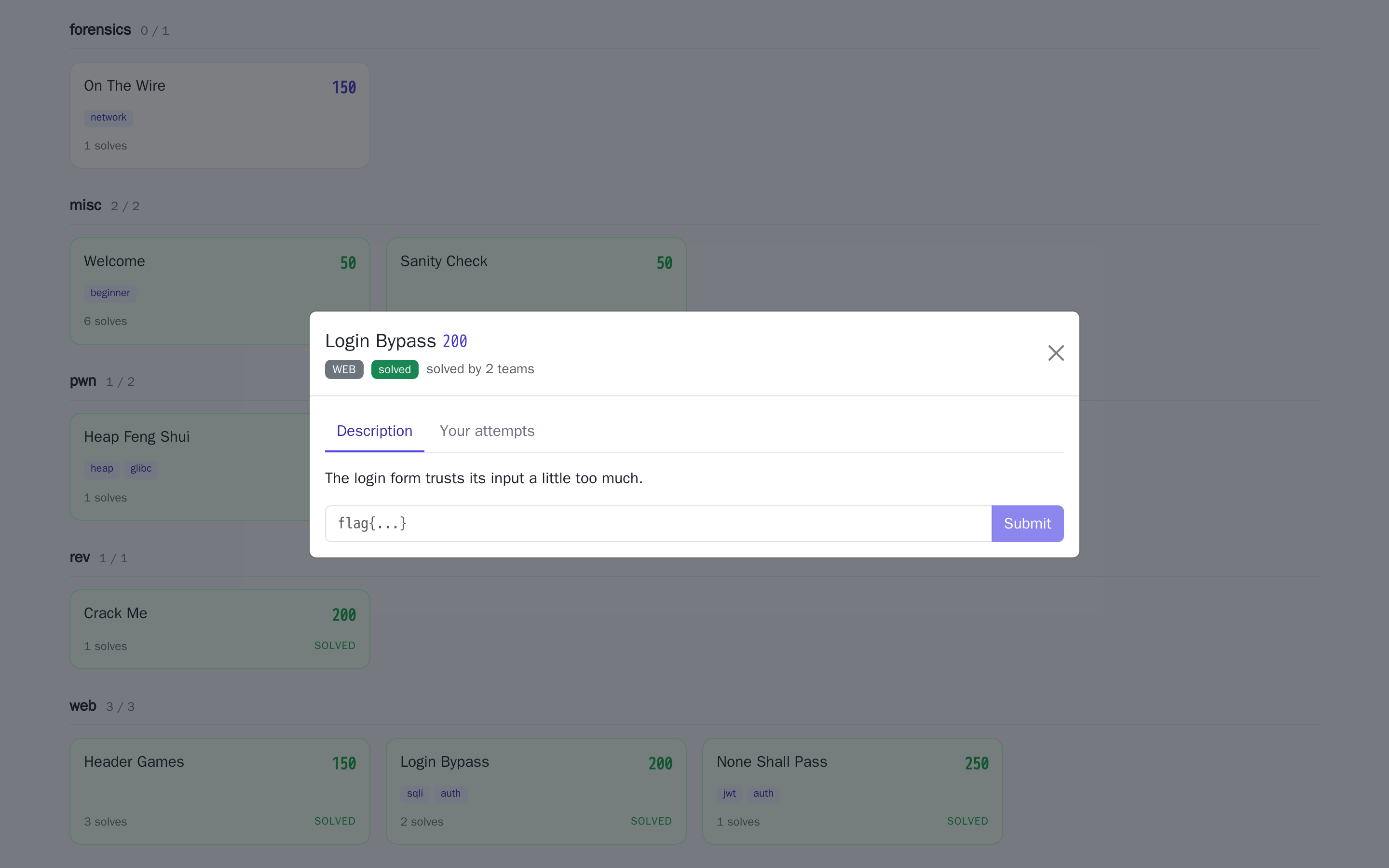 Challenge modal with description and flag field